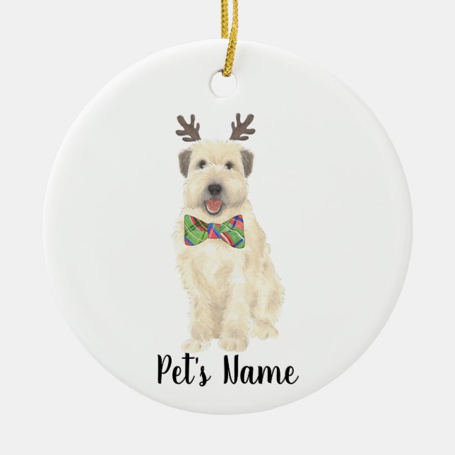Personalised Wheaten Terrier Christmas Reindeer Ceramic Tree Decoration (Front)