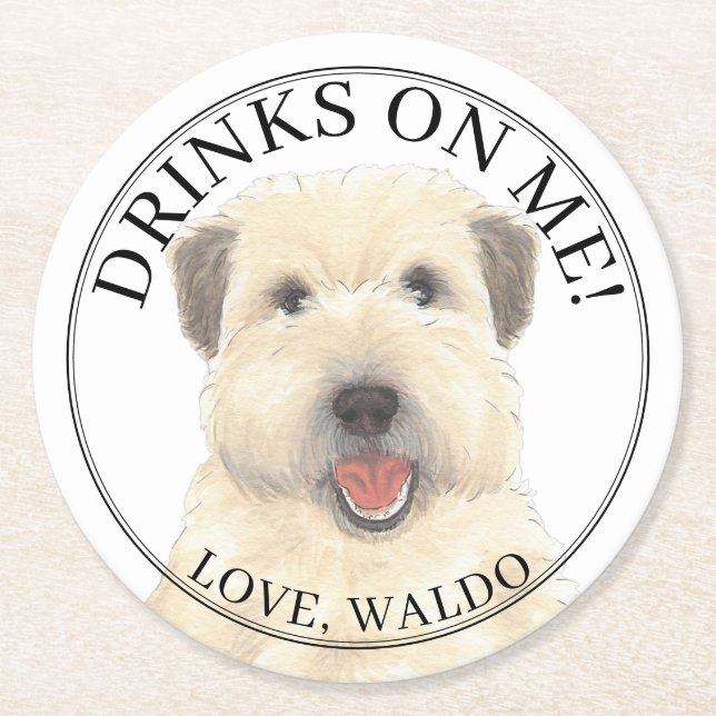 Personalised Wheaten Terrier Dog Wedding Round Paper Coaster (Front)