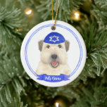 Personalised Wheaten Terrier Hanukkah Yarmulke Ceramic Tree Decoration<br><div class="desc">Celebrate your favourite mensch on a bench with a personalised ornament! This design features a sweet illustration of a soft coated wheaten terrier with a blue and white yarmulke. For the most thoughtful gifts, pair it with another item from my collection! To see more work and learn about this artist,...</div>