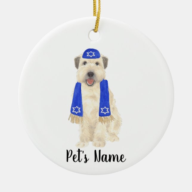 Personalised Wheaten Terrier Yarmulke and Scarf  Ceramic Tree Decoration (Front)