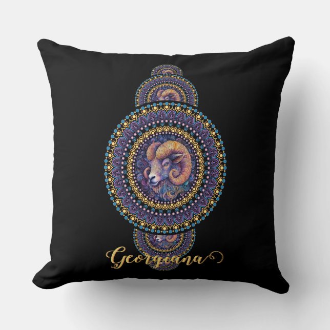 Personalised Whimsical Aries Ornamental Mandala Cushion (Front)