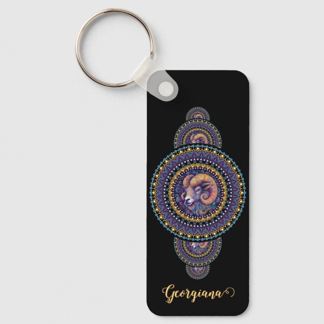 Personalised Whimsical Aries Ornamental Mandala Key Ring (Front)