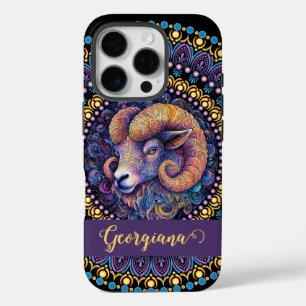 Personalised Whimsical Aries Zodiac Dot Mandala iPhone 16 Pro Case