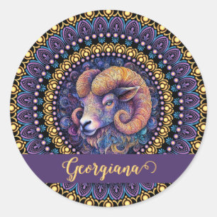 Personalised Whimsical Aries Zodiac Dot Mandala Classic Round Sticker