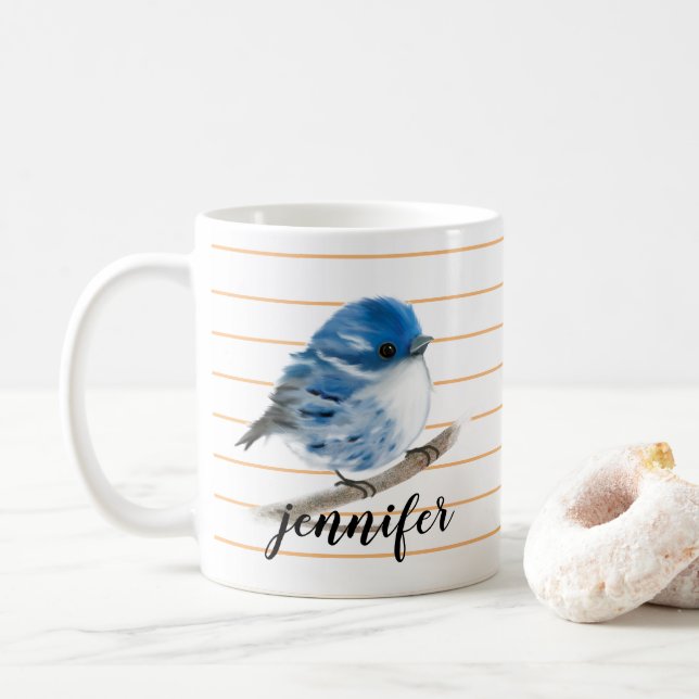 Personalised Whimsical Blue Warbler Bird Mug (With Donut)