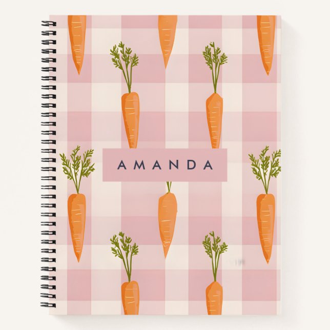 Personalised Whimsical Carrot and Pink Gingham Notebook (Front)