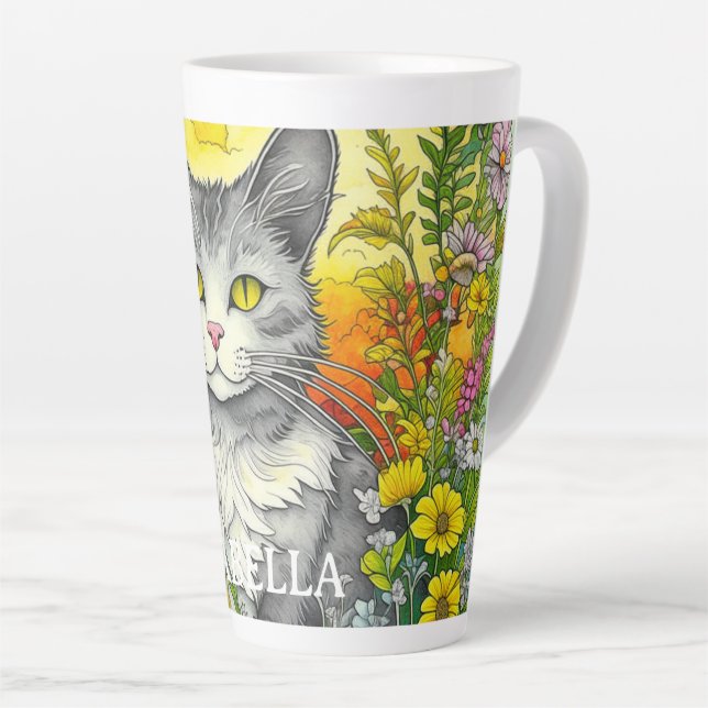 Personalised Whimsical Cat and Flowers Latte Mug (Right Angle)