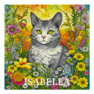 Personalised Whimsical Cat and Flowers Poster