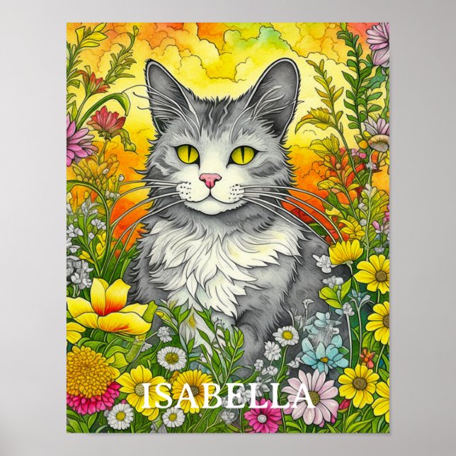 Personalised Whimsical Cat and Flowers Poster (Front)
