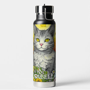 Personalised Whimsical Cat and Flowers Water Bottle