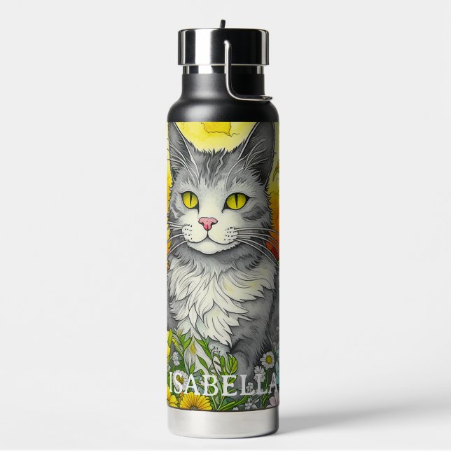 Personalised Whimsical Cat and Flowers Water Bottle (Left)