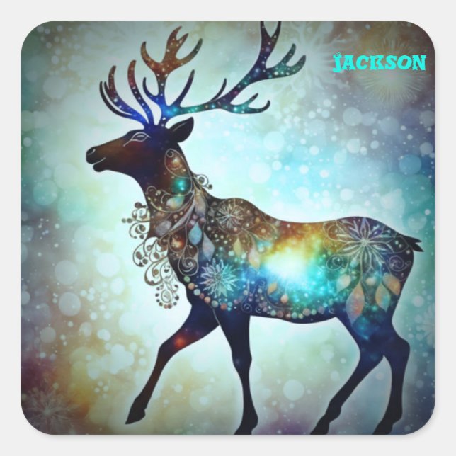 Personalised Whimsical Christmas Reindeer Labels,  Square Sticker (Front)