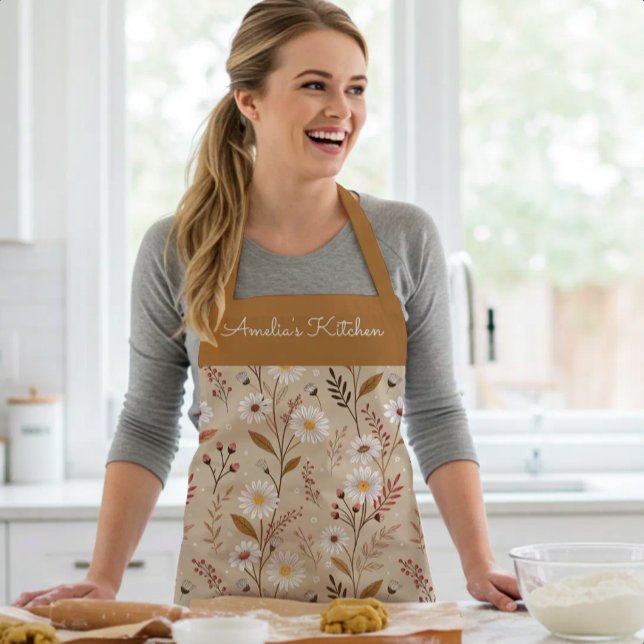 Personalised Whimsical Daisy Pattern Brown Beige Apron (Creator Uploaded)