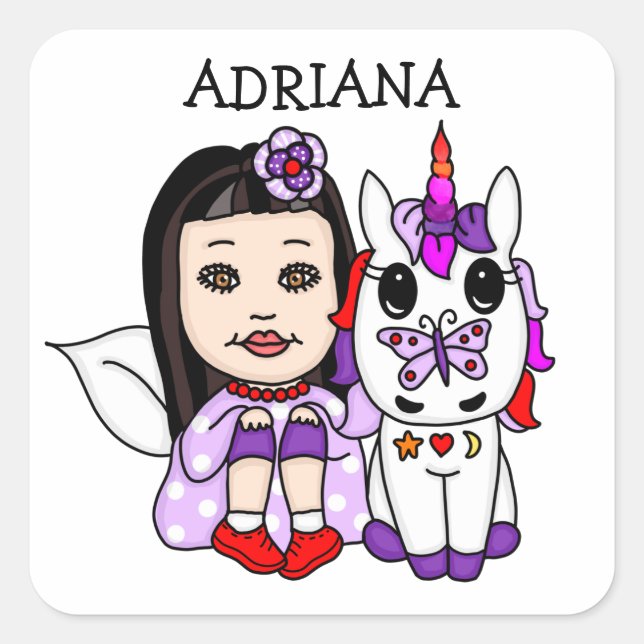 Personalised Whimsical Fairy and Unicorn   Square Sticker (Front)
