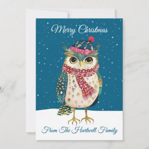 Personalised Whimsical Folk Art Style Owl Holiday Card