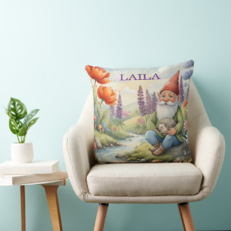 Personalised whimsical gnome flowers pillow