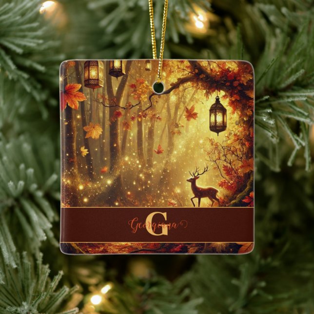 Personalised Whimsical Golden Autumnal Woodland Ceramic Ornament (Tree)