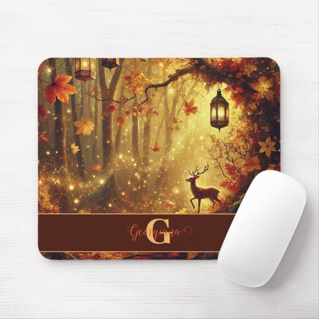 Personalised Whimsical Golden Autumnal Woodland Mouse Pad (With Mouse)