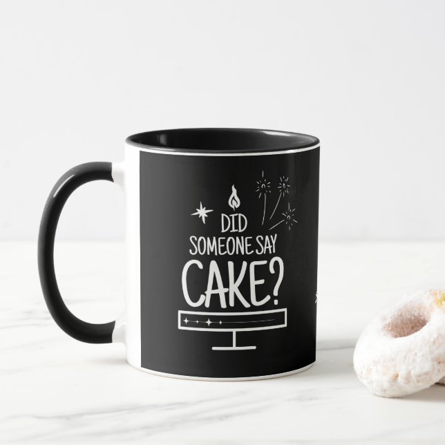 Personalised Whimsical Hand Drawn Cake Quote Black Mug (With Donut)