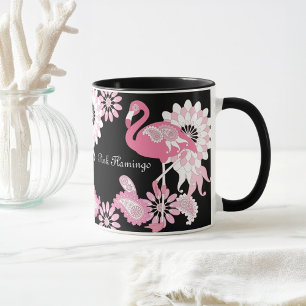 Personalised Whimsical Modern Black Pink Flamingo Mug