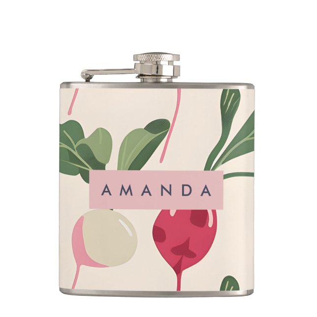 Personalised Whimsical Pastel Radish Garden Hip Flask (Front)
