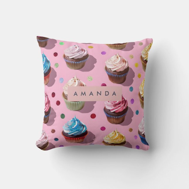 Personalised Whimsical Rainbow Cupcake Confetti Cushion (Front)