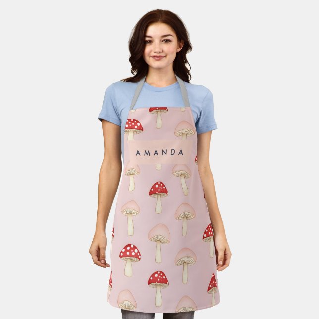Personalised Whimsical Red Pink Mushroom Pattern Apron (Worn)