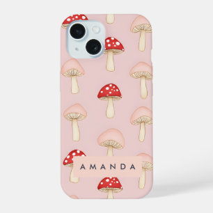 Personalised Whimsical Red Pink Mushroom Pattern iPhone 15 Case