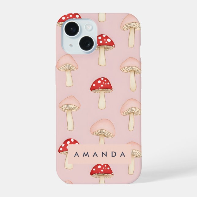 Personalised Whimsical Red Pink Mushroom Pattern iPhone 15 Case (Back)