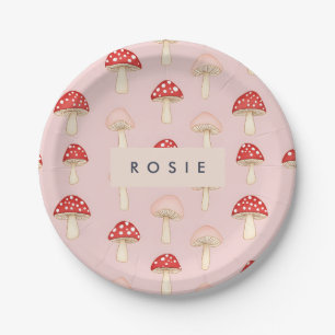 Personalised Whimsical Red Pink Mushroom Pattern Paper Plate