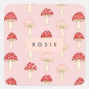 Personalised Whimsical Red Pink Mushroom Pattern Square Sticker