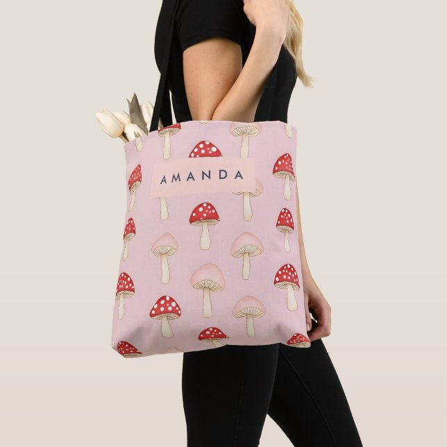 Personalised Whimsical Red Pink Mushroom Pattern Tote Bag (Close Up)