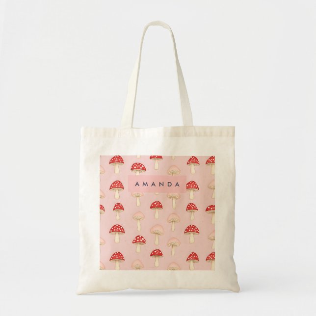 Personalised Whimsical Red Pink Mushroom Pattern Tote Bag (Front)