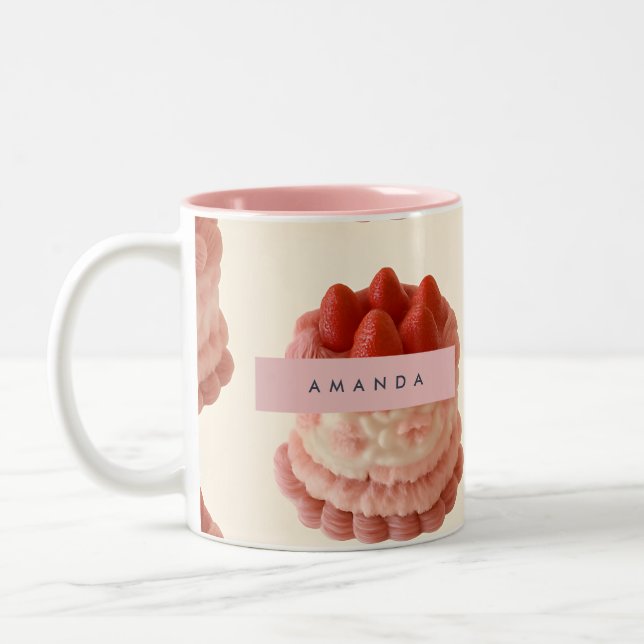 Personalised Whimsical Strawberry Cake Pattern Two-Tone Coffee Mug (Left)