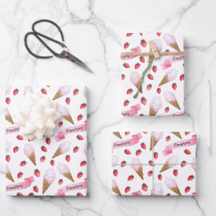 Personalised Whimsical Strawberry Ice Cream Cone Wrapping Paper Sheet