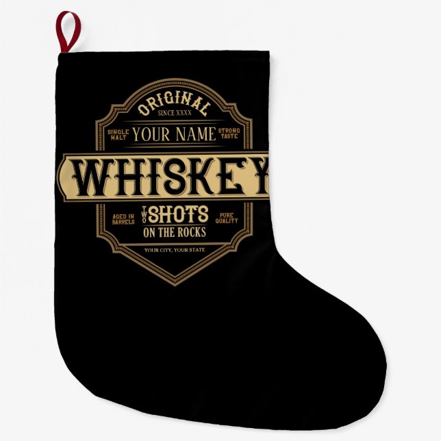 Personalised Whiskey on the Rocks Liquor Label Bar Large Christmas Stocking (Front)
