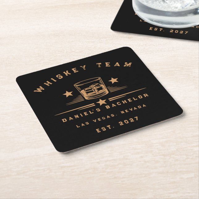 Personalised Whiskey Themed Weekend Bachelor Party Square Paper Coaster (Angled)