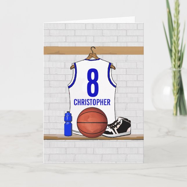 Personalised White and Blue Basketball Jersey Card (Front)