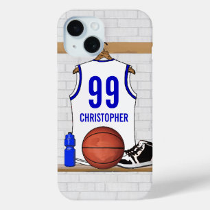 Personalised White and Blue Basketball Jersey iPhone 15 Case