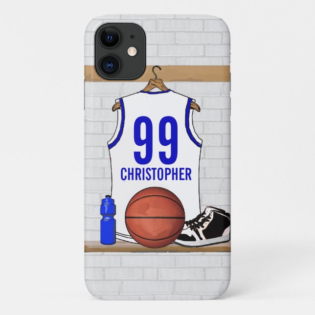 Personalised White and Blue Basketball Jersey Case-Mate iPhone Case (Back)