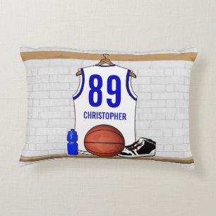 Personalised White and Blue Basketball Jersey Decorative Cushion