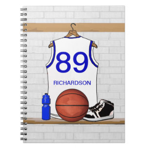 Personalised White and Blue Basketball Jersey Spiral Notebook