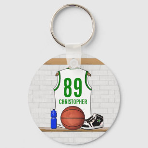 Personalised White and Green Basketball Jersey Key Ring