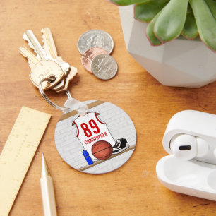 Personalised White and Red Basketball Jersey Key Ring