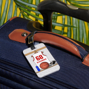 Personalised White and Red Basketball Jersey Luggage Tag