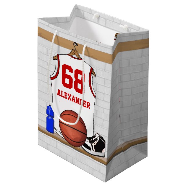 Personalised White and Red Basketball Jersey Medium Gift Bag (Front Angled)