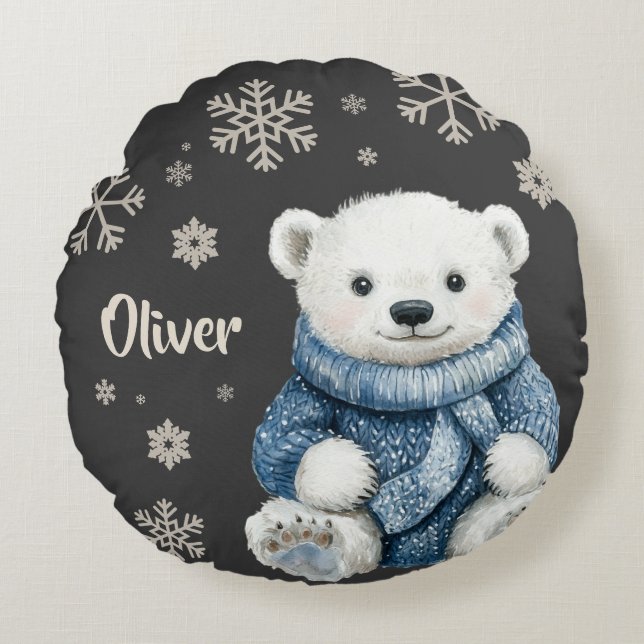 Personalised White Bear Christmas Snowflake Round Cushion (Front)