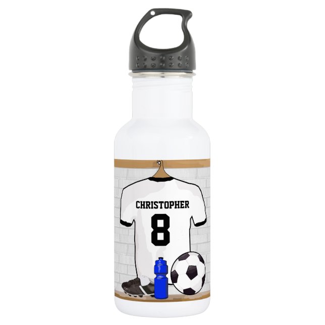 Personalised White Black Football Soccer Jersey 532 Ml Water Bottle (Front)