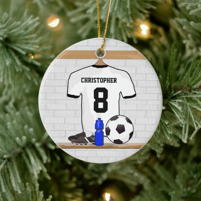 Personalised White Black Football Soccer Jersey Ceramic Tree Decoration (Tree)