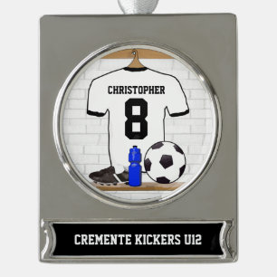 Personalised White Black Football Soccer Jersey Silver Plated Banner Ornament